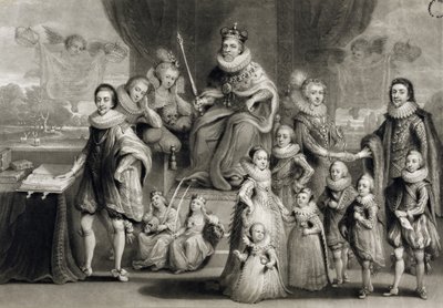 Sua Maestà Giacomo I e la sua progenie reale insieme alla famiglia del re di Boemia, inciso da Charles Turner, 1814 da Simon de Passe