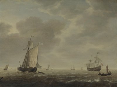 Una nave da guerra olandese e varie imbarcazioni in una brezza da Simon de Vlieger