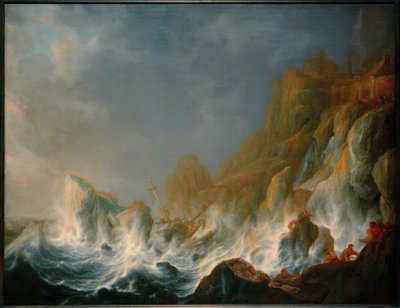 Naufragio in una tempesta di mare su una costa rocciosa da Simon de Vlieger
