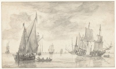 Paesaggio marino con diverse navi da Simon de Vlieger