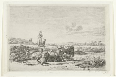 Paesaggio con pastorella e cane presso un gregge di pecore da Simon van den Berg