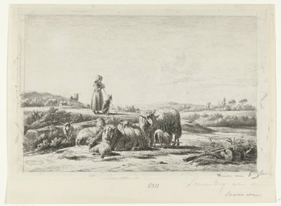 Paesaggio con pastorella e cane presso un gregge di pecore da Simon van den Berg