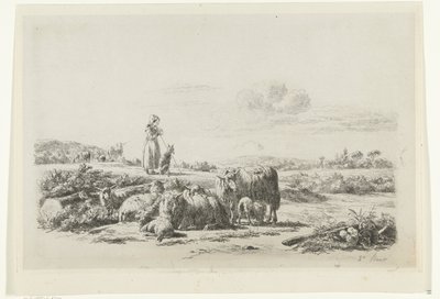 Paesaggio con pastorella e cane vicino a un gregge di pecore da Simon van den Berg
