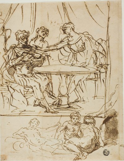 Giuditta con la testa di Oloferne e schizzi di dei fluviali (recto); Testa femminile, guardando verso l
