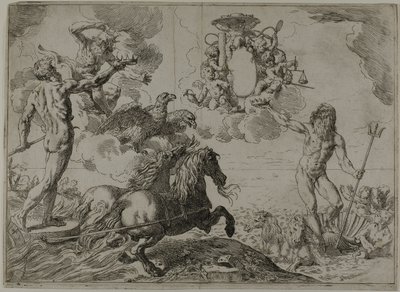 Giove, Nettuno e Plutone offrono le loro corone alle armi del cardinale Borghese da Simone Cantarini