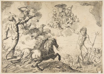 Giove, Nettuno e Plutone offrono le loro corone alle armi del Cardinale Borghese da Simone Cantarini