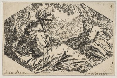 Riposo in Egitto, Maria che tiene e guarda il bambino Gesù mentre San Giuseppe, ca. 1637-1639 da Simone Cantarini