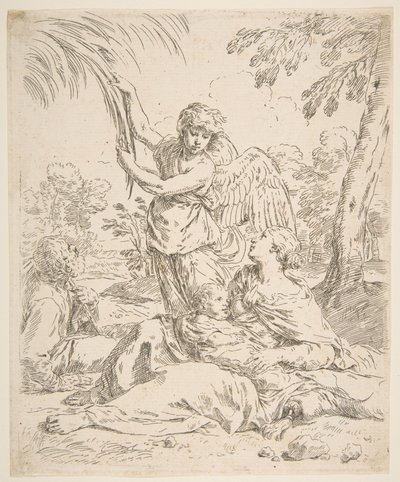 Riposo in Egitto, Maria che allatta il bambino Gesù mentre un angelo tira i rami degli alberi, ca. 1639 da Simone Cantarini