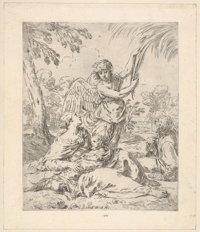 Riposo in Egitto, Maria che allatta il bambino Gesù mentre un angelo tira i rami di un albero, ca. 1630-1648 da Simone Cantarini