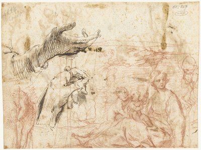 Foglio di schizzi con varie composizioni, tra cui due mani da Simone Cantarini