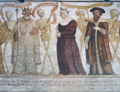 La morte con il re, la regina e il dottore (dettaglio da La danza della morte) da Simone II Baschenis