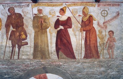 La morte con il zoppo, la suora, la giovane donna, la vecchia e il bambino, dettaglio dalla Danza della Morte da Simone II Baschenis