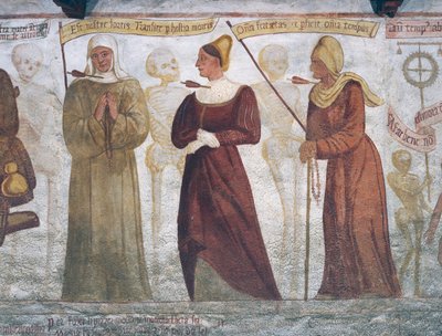 La Morte con la suora, la giovane donna e la vecchia, dettaglio da La Danza della Morte da Simone II Baschenis