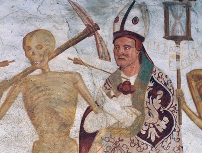 Il vescovo e la morte (dettaglio da La danza della morte) da Simone II Baschenis