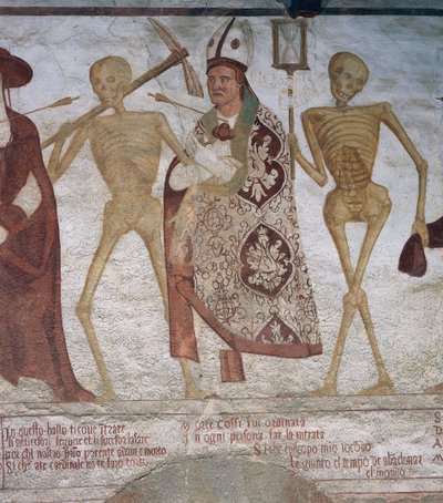 Il vescovo e la morte (dettaglio dalla Danza della Morte) da Simone II Baschenis