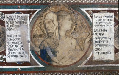 Maestà: Figura bifronte che rappresenta la Vecchia e la Nuova Legge, dettaglio dalla cornice, 1315 (dettaglio) da Simone Martini