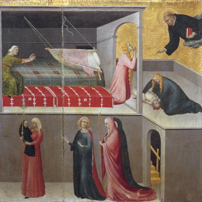 Il miracolo del bambino che cade dalla culla: le tre donne che parlano in fondo alla scena da Simone Martini