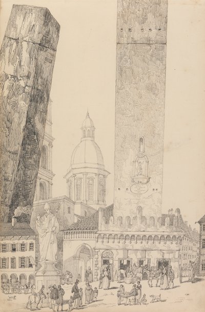 Album di 30 vedute nel Tirolo e in Italia: Torri pendenti, statua di San Francesco, Bologna 12 novembre 1840 da Sir Charles D