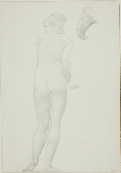 Vista posteriore di donna nuda in piedi e schizzo di un piede da Sir Edward Burne Jones