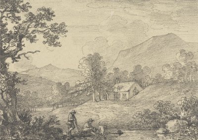Due figure accanto a uno stagno e una chiesa in un paesaggio collinare da Sir George Howland Beaumont seventh Baronet