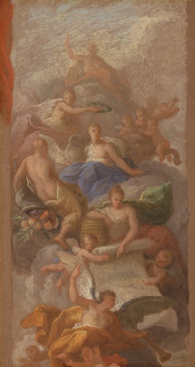 Uno schizzo di gratitudine incoronata dalla pace, con altre figure allegoriche di industria, fama e abbondanza da Sir James Thornhill
