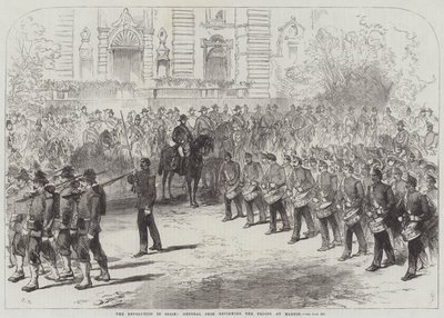 La rivoluzione in Spagna, il generale Prim rivede le truppe a Madrid da Sir John Charles Robinson