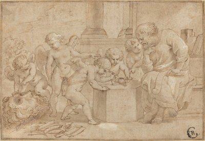 Uomo anziano che osserva putti dissezionare un occhio da Sir Peter Paul Rubens