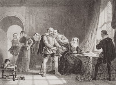 Maria Stuarda costretta a firmare la sua abdicazione nel castello di Lochleven nel 1567, da 