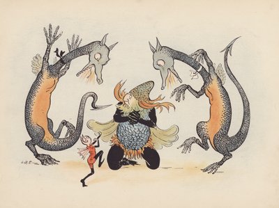 Illustrazione per Little Twin Dragons di S Rosamond Praeger (litografia a colori) da Sophia Rosamond Praeger