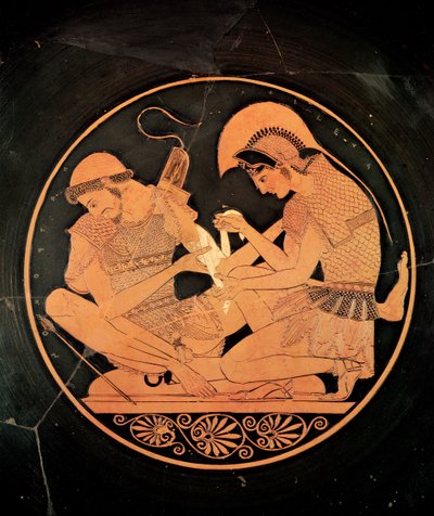 Interno di un kylix a figure rosse raffigurante Achille che Cura Patroclo Ferito, da Vulci, c.500 a.C. da Sosias Painter