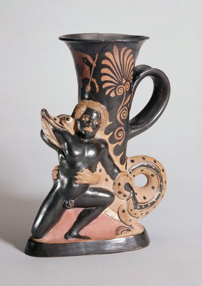 Rhyton a forma di corno a figure rosse che raffigura un coccodrillo che attacca un nubiano, greco, c.350 a.C. da Sotades