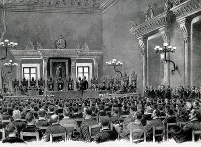 Un raduno di nazionalisti catalani riuniti nel Municipio di Manresa, per la redazione delle 16 basi per servire la costituzione regionale catalana nel 1892. Disegno di Jaume Pahissa da Spanish School