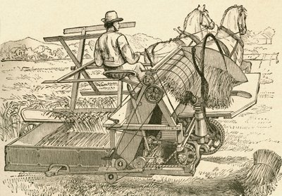 Una macchina da raccolta, trainata da cavalli, che legava meccanicamente i covoni di grano, usata alla fine del XIX secolo. Da El Museo Popular pubblicato a Madrid da Spanish School