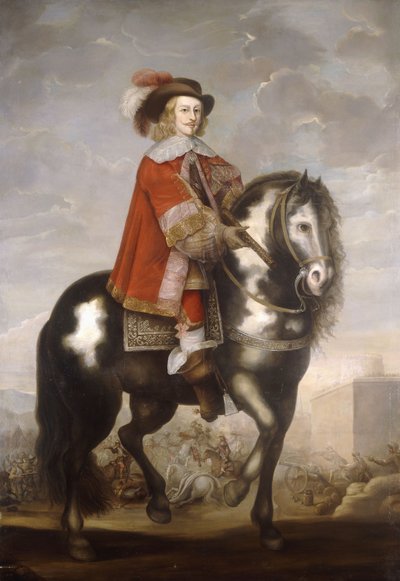 Ritratto Equestre del Cardinale Infante Fernando de Borbon, Governatore dei Paesi Bassi Spagnoli, a figura intera in un Cappotto Rosso e Cappello con Piume, una Battaglia Oltre da Spanish School