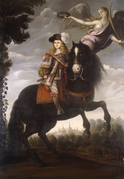 Ritratto Equestre di Re Carlo II, a figura intera, in un Cappotto Rosso con Rifiniture Bianche, incoronato con un Alloro da un Angelo, Madrid in Distanza da Spanish School