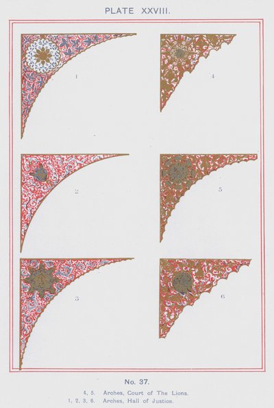 Archi, Cortile dei Leoni, Archi, Sala della Giustizia (litografia a colori) da Spanish School