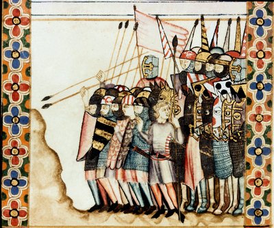 Esercito dei crociati (dettaglio) di una pagina tratta da un manoscritto del Canto di Santa Maria (Cantigas de Santa Maria), decorato con miniature dedicate a Santa Maria e ai suoi miracoli, una raccolta di canti redatta sotto il regno di Alfonso X il sagg da Spanish School