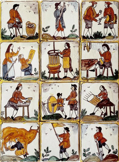 Mestieri artigianali: calzolaio, bottaio, fabbricante di cesti di vimini, vinificatore, disegnatore, musicista, mungitura delle mucche, arrotino, contadino, ebanista. Piastrelle in ceramica catalana (Spagna) da Spanish School