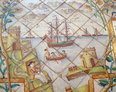 Piastrelle di azulejos che raffigurano un porto con navi (ceramica) da Spanish School