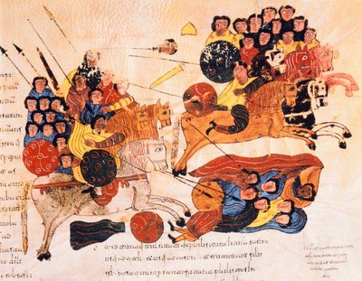 Battaglia tra gli ebrei e i filistei, dalla Bibbia Visigota-Mozarabica di San Isidoro, fol.119r., A.D. 960 da Spanish School