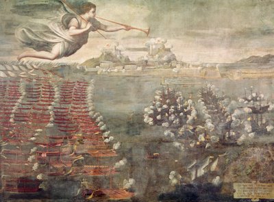 Battaglia di Lepanto. Navi vittoriose che entrano nel porto di Messina da Spanish School