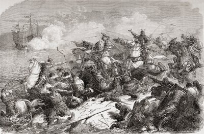 Tentativo di invasione cinese del Giappone nel 13° secolo, pub. 1878 da Spanish School