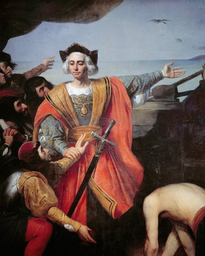 Cristoforo Colombo, a bordo della sua caravella, indica l
