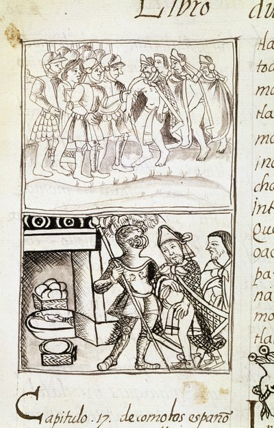 Codice della conquista del Messico - miniatura dal Manoscritto Fiorentino "Storia degli Aztechi" di Bernardino de Sahagun da Spanish School