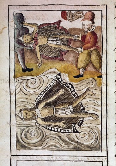 Codice della conquista del Messico: i corpi di Itzquauhtzin e Montezuma, o Moctezuma II imperatore azteco (1466-1520), vengono gettati fuori dal palazzo dagli spagnoli da Spanish School