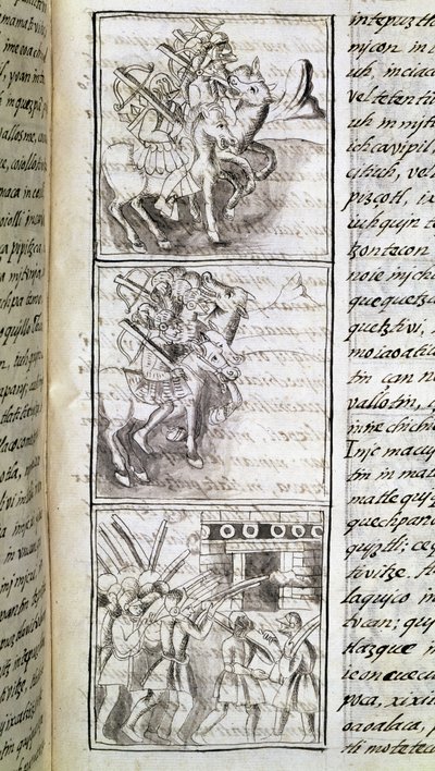 Codice della conquista del Messico: gli spagnoli pronti ad attaccare la città di Tenochtitlan. Miniatura del manoscritto fiorentino 