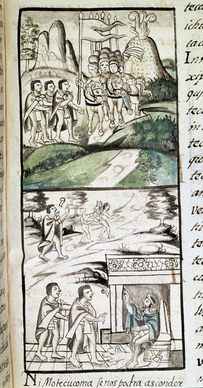 Codice della conquista del Messico: gli emissari di Montezuma, o Moctezuma II imperatore azteco incontrano gli spagnoli da Spanish School