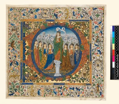 Collage con iniziale istoriata e bordo da un Salterio del Coro, c. 1482-1492 (pergamena) da Spanish School