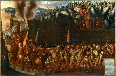 Conquista del Messico - La morte di Montezuma per mano del suo stesso popolo il 1° luglio... (olio su tela) da Spanish School