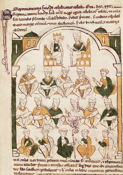 Concilio di Toledo, miniatura in "Primacia de la Iglesia Toledana" da Spanish School